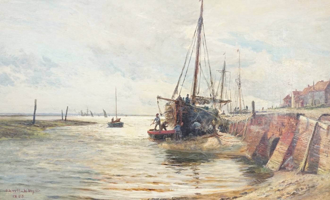 Charles William Wyllie (1853-1923), oil on board, Fishing boat along the wharf at low tide, signed and dated 1888, 37 x 60cm